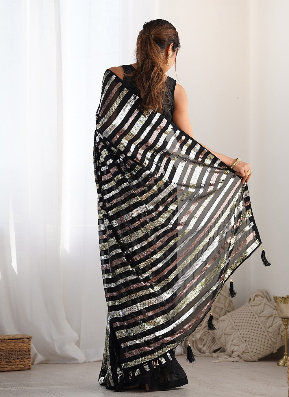 Classic Saree Embroidered Black Georgette S12402