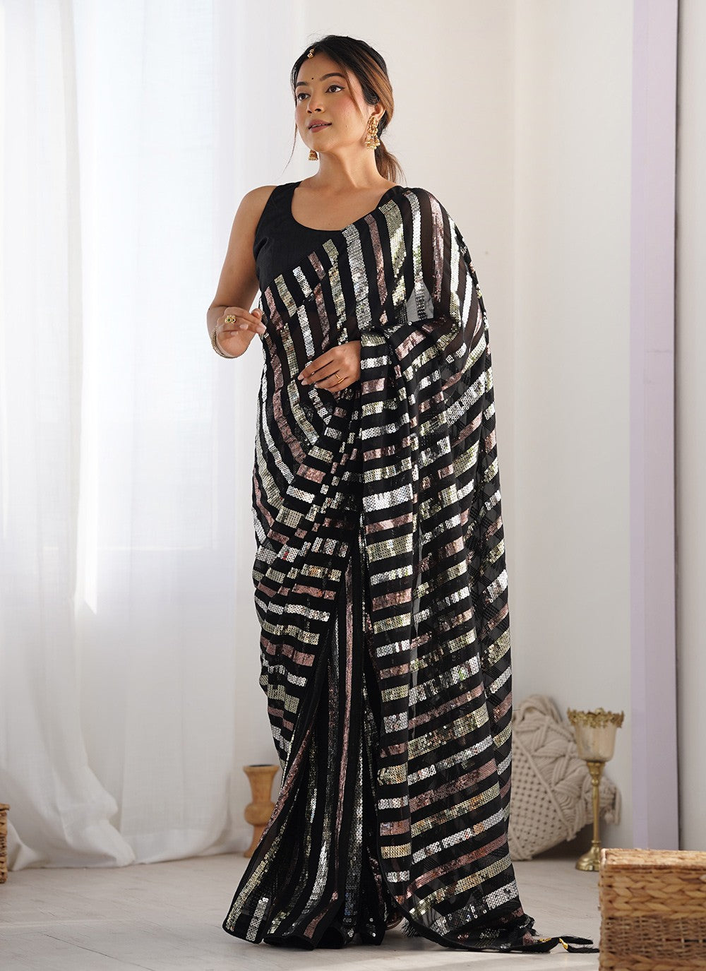 Classic Saree Embroidered Black Georgette S12402
