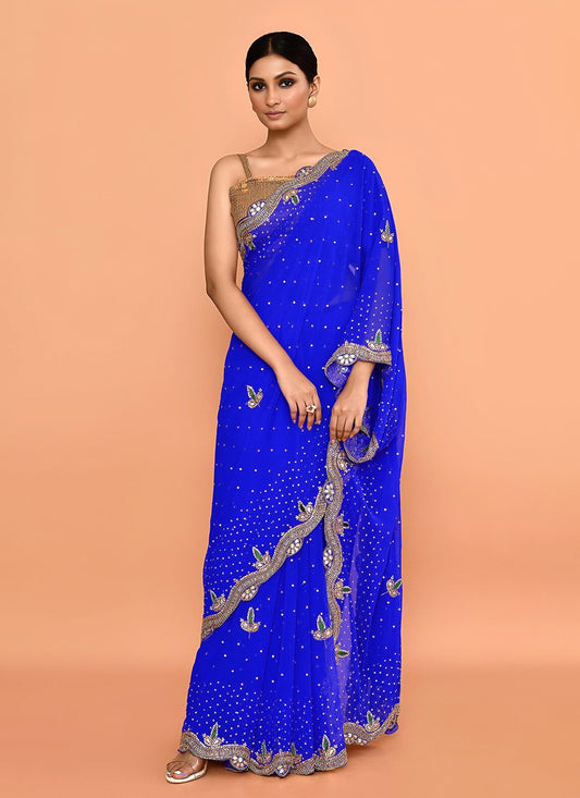 Hand Embroidery Georgette Blue Saree S14266