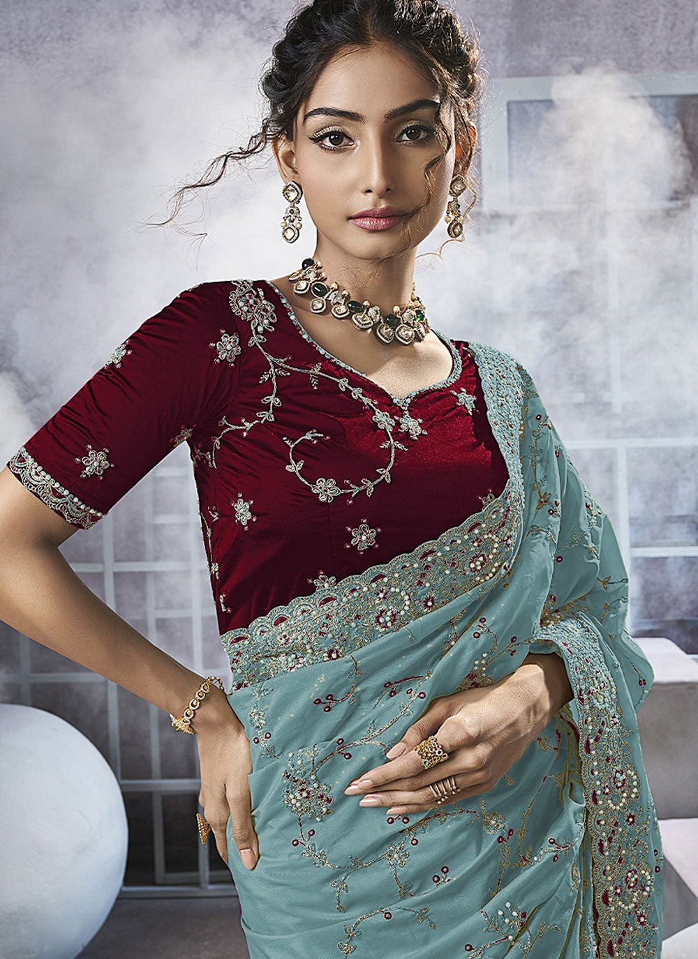 Blue Georgette Contemporary Saree Beads, Cord, Embroidered, Thread, Zari S15782