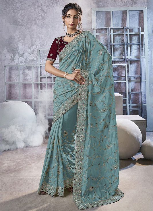 Blue Georgette Contemporary Saree Beads, Cord, Embroidered, Thread, Zari S15782