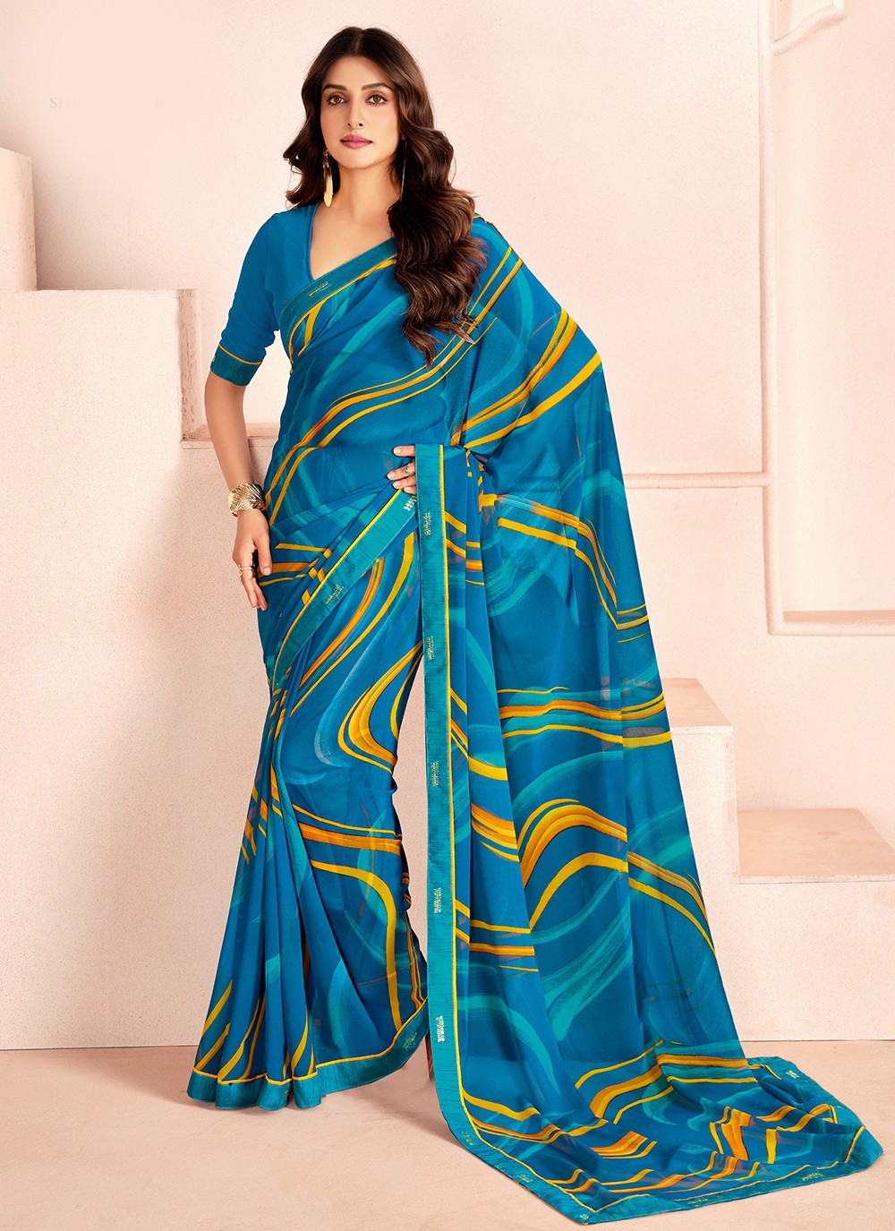 Digital Print Georgette Blue Trendy Saree S15277