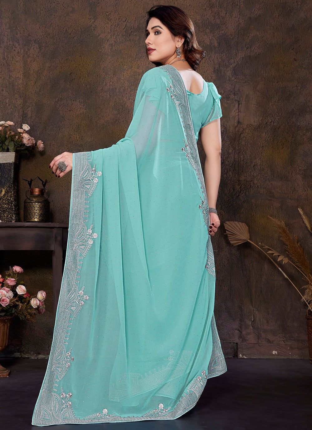 Embroidered Georgette Blue Traditional Saree S15020