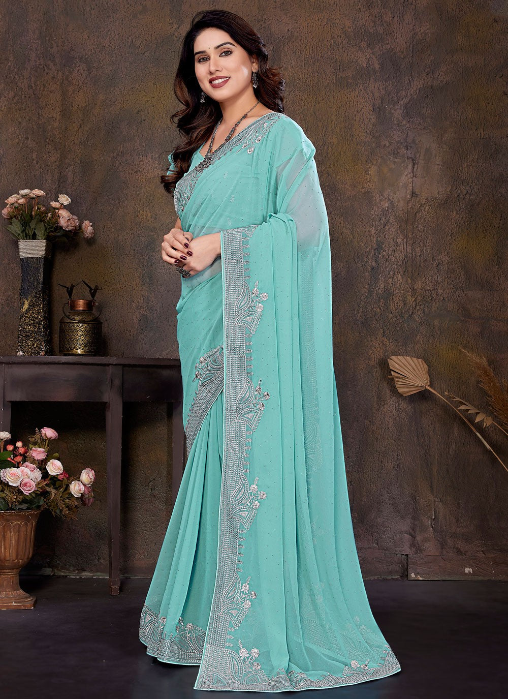 Embroidered Georgette Blue Traditional Saree S15020