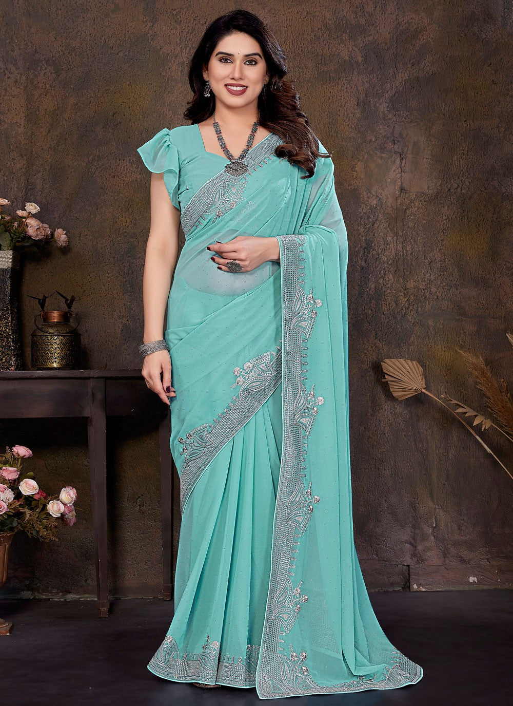 Embroidered Georgette Blue Traditional Saree S15020
