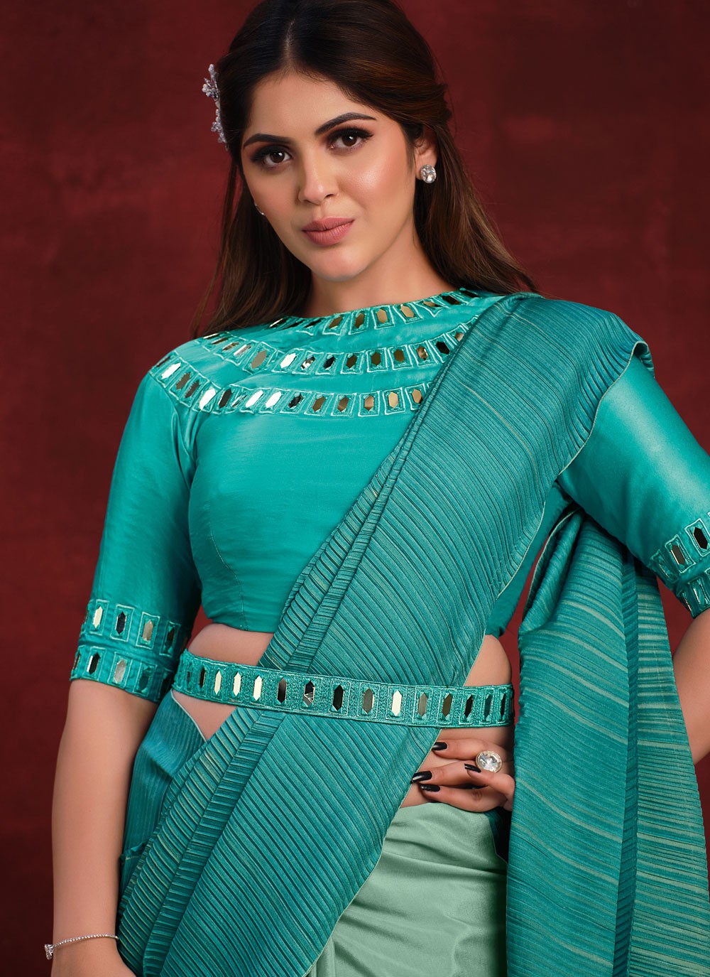 Fancy Work Crepe Silk Blue Trendy Saree S15339
