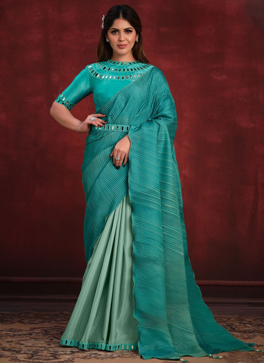 Fancy Work Crepe Silk Blue Trendy Saree S15339