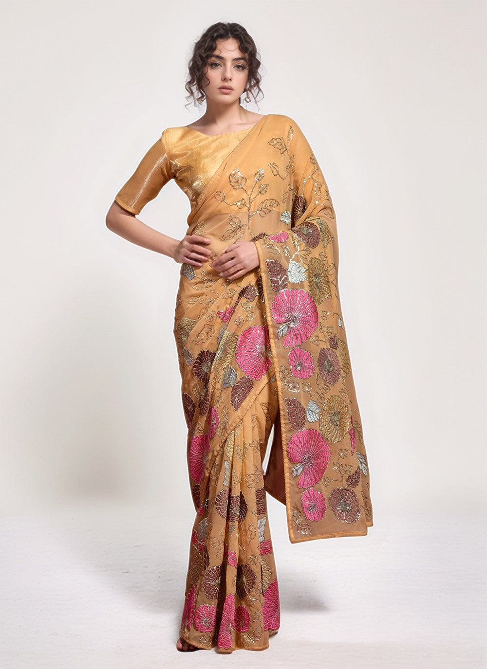 Brown Georgette Contemporary Saree Embroidered, Sequins, Thread S15799