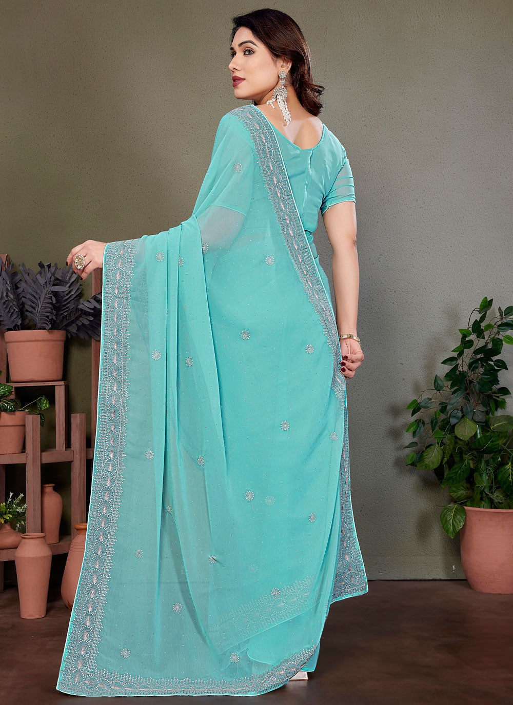 Embroidered Georgette Blue Designer Saree S14885
