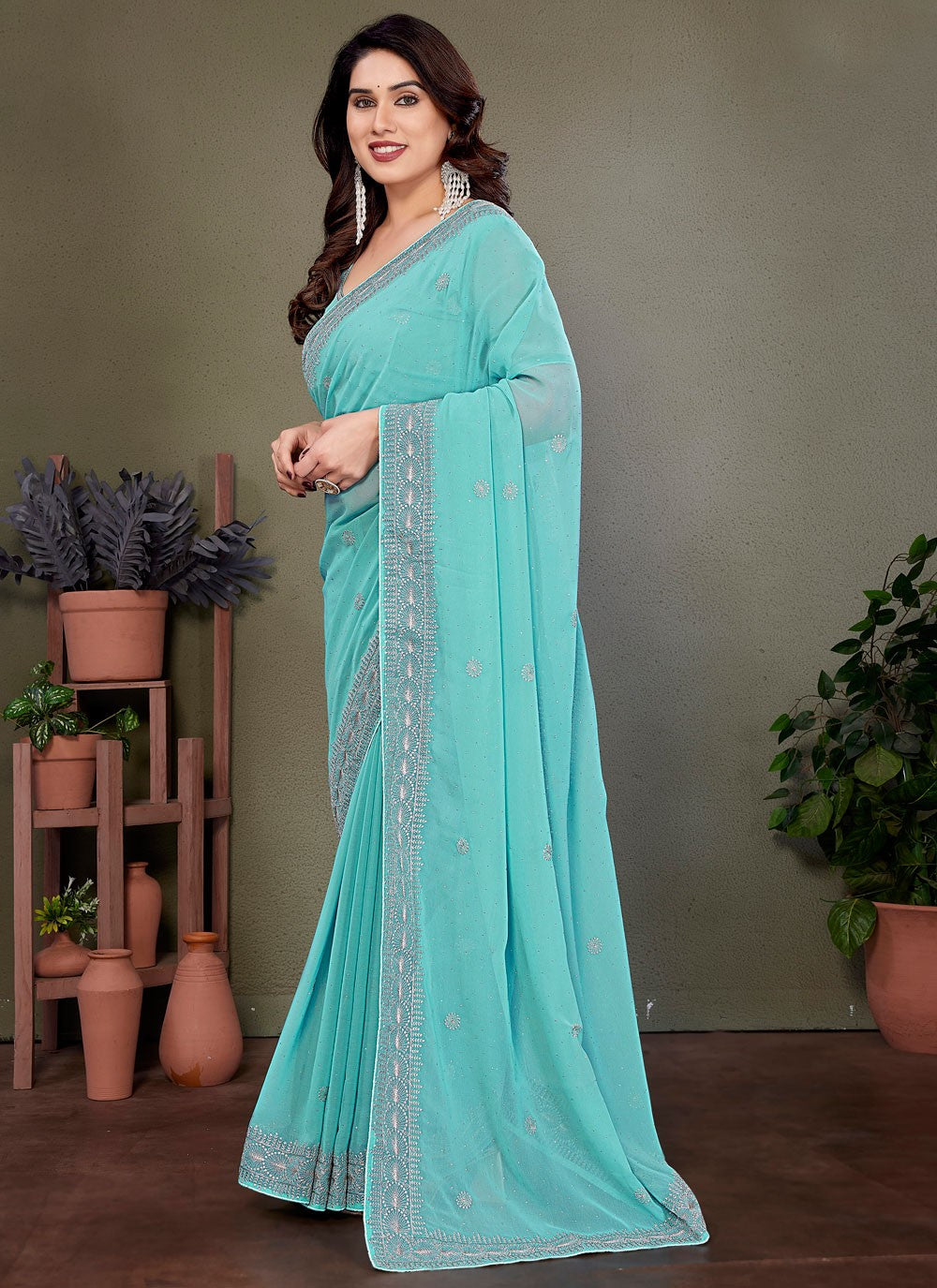 Embroidered Georgette Blue Designer Saree S14885