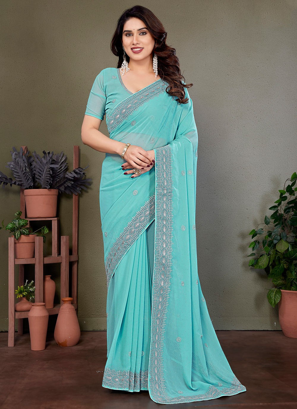 Embroidered Georgette Blue Designer Saree S14885