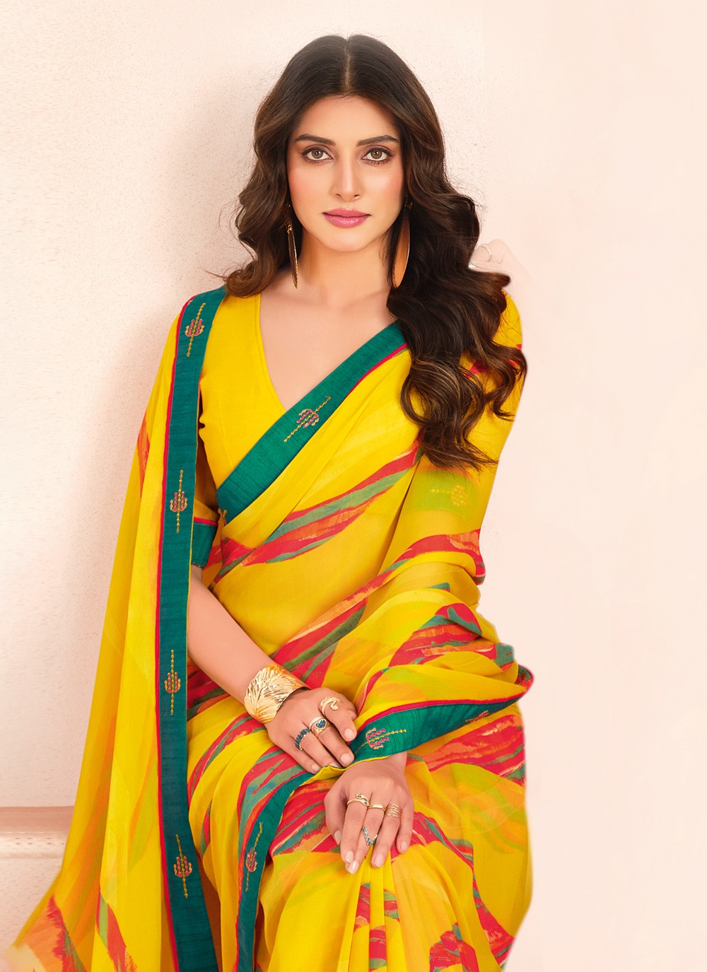Digital Print Georgette Yellow Classic Saree S15284