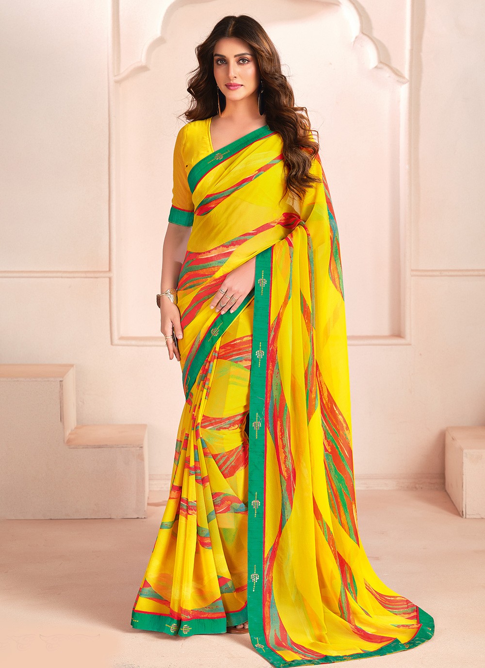 Digital Print Georgette Yellow Classic Saree S15284
