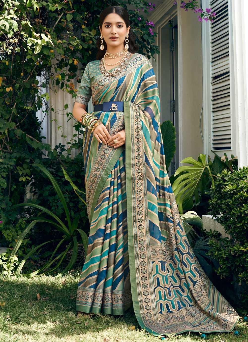 Contemporary Strips Multi Colour Georgette S12769