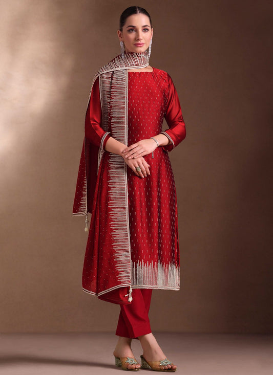 Pant Style Suit Embroidered, Swarovski Red T7254