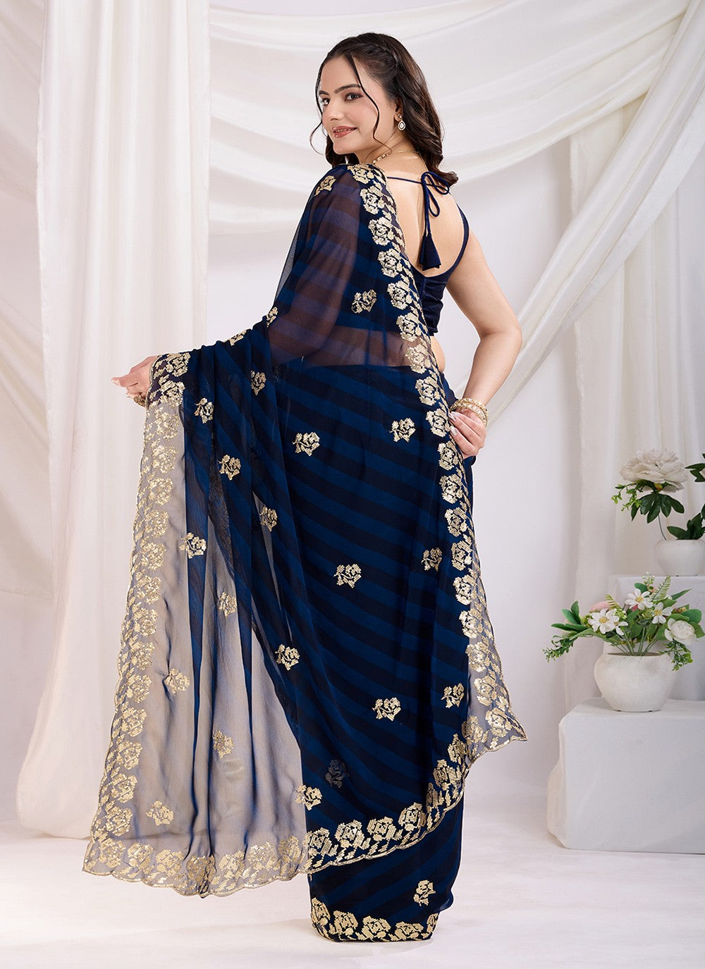 Embroidered Georgette Blue Saree S14024