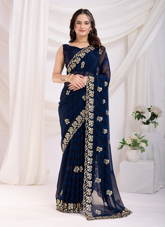 Embroidered Georgette Blue Saree S13788