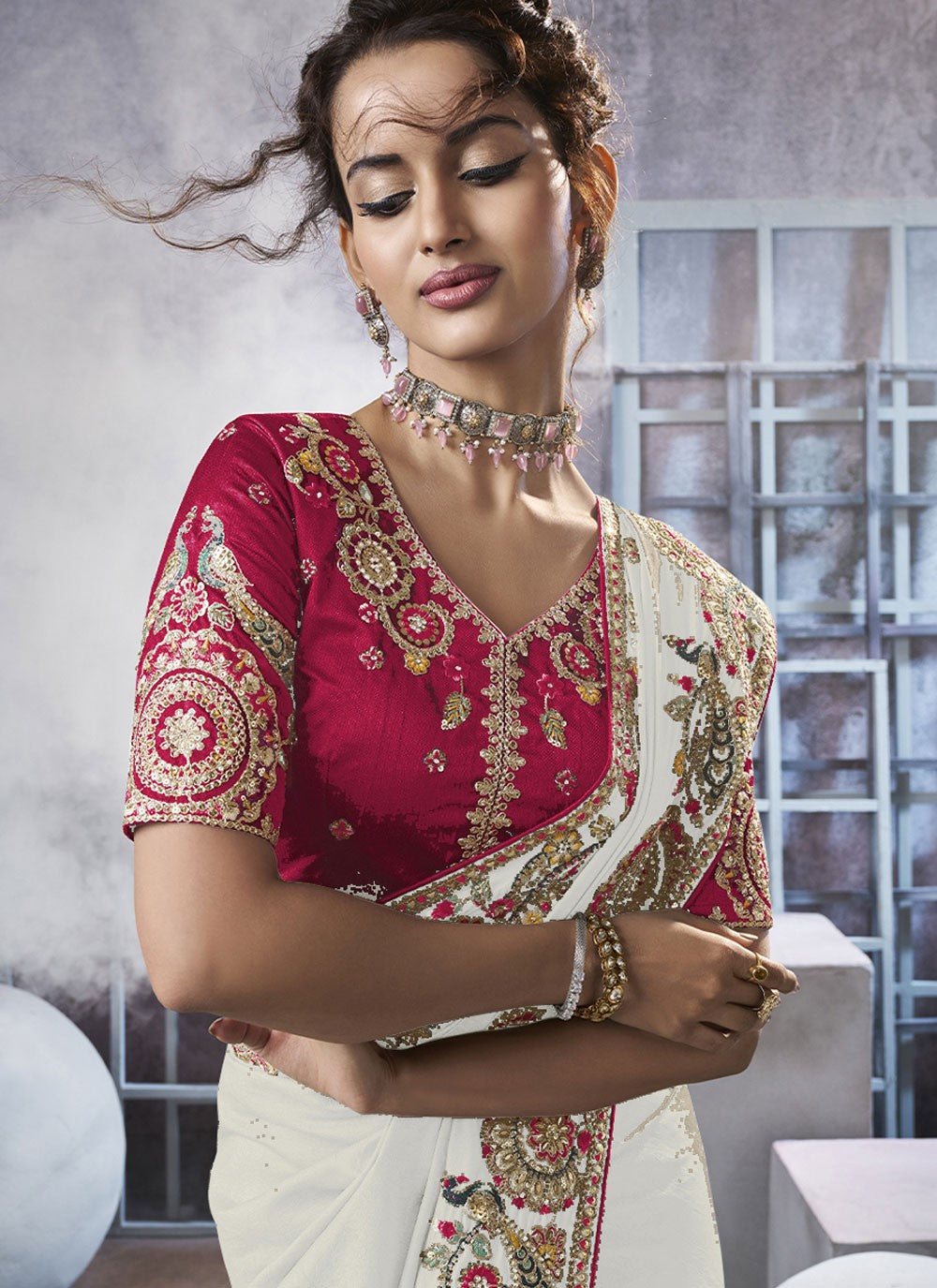 Diamond Crush White Saree S13957