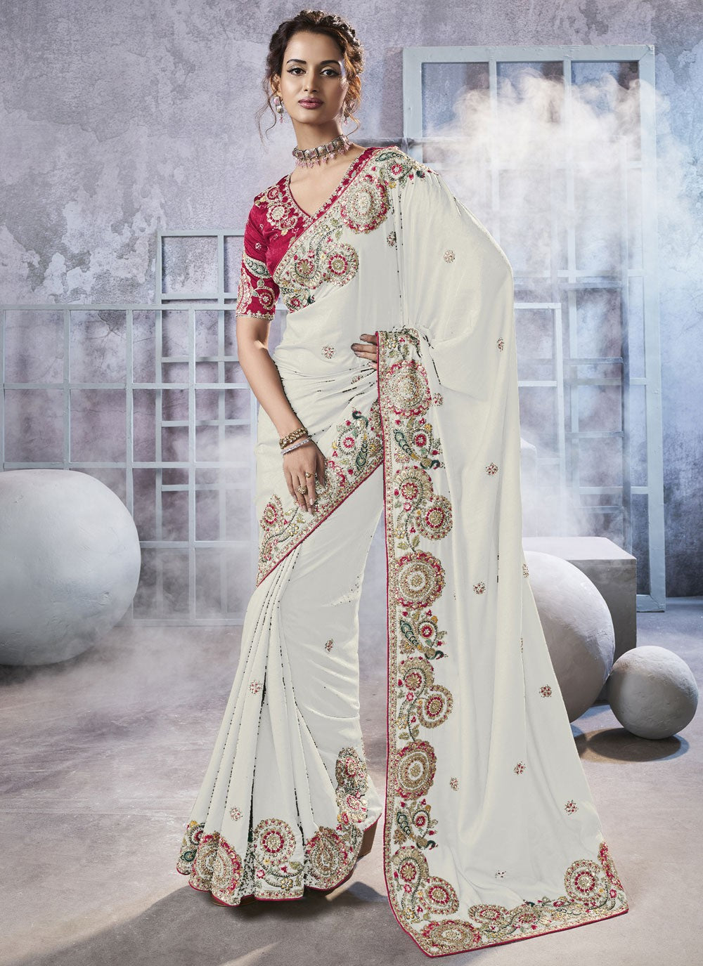 Diamond Crush White Saree S13957