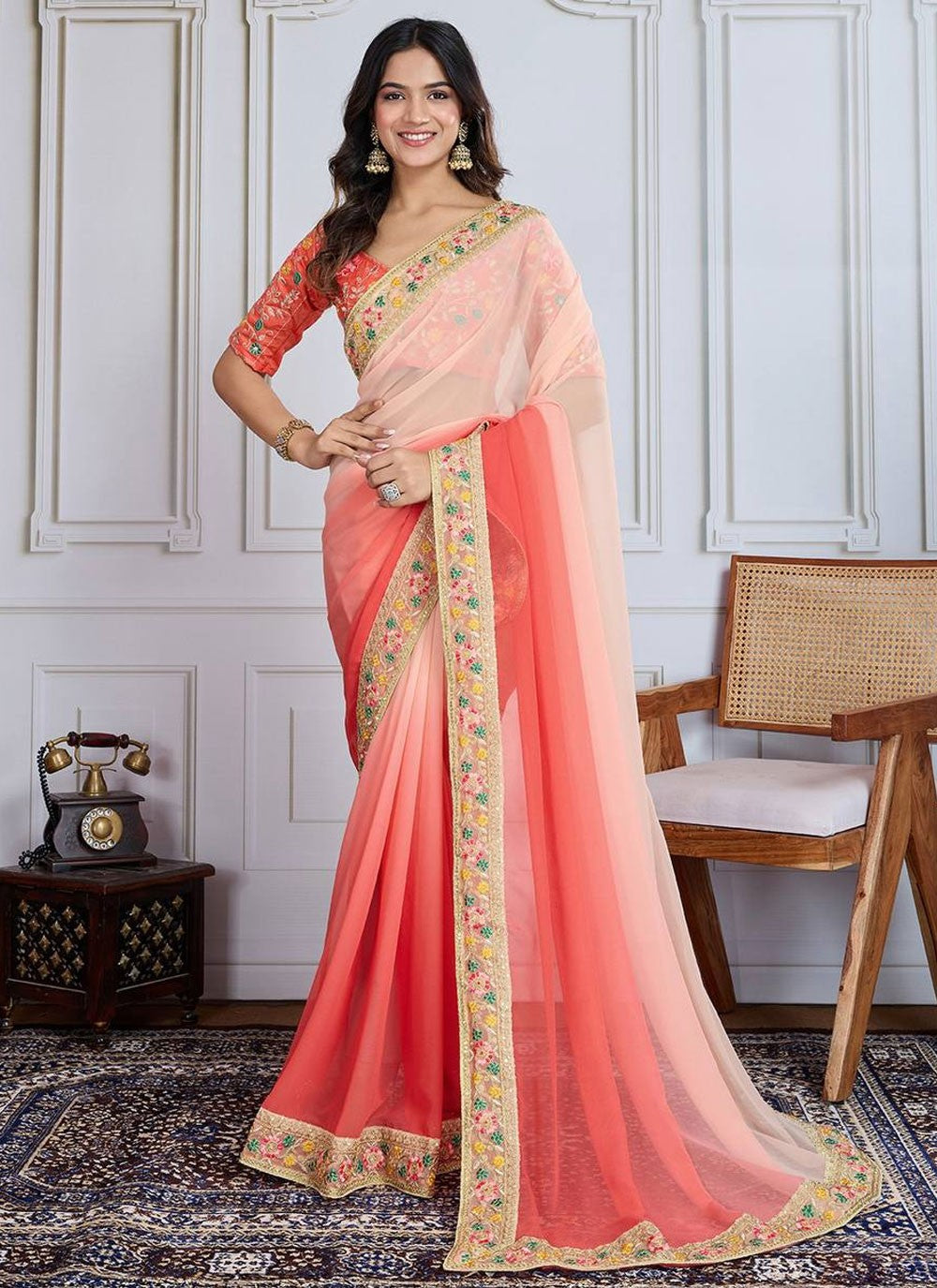 Border Work Georgette Peach Classic Saree S14893