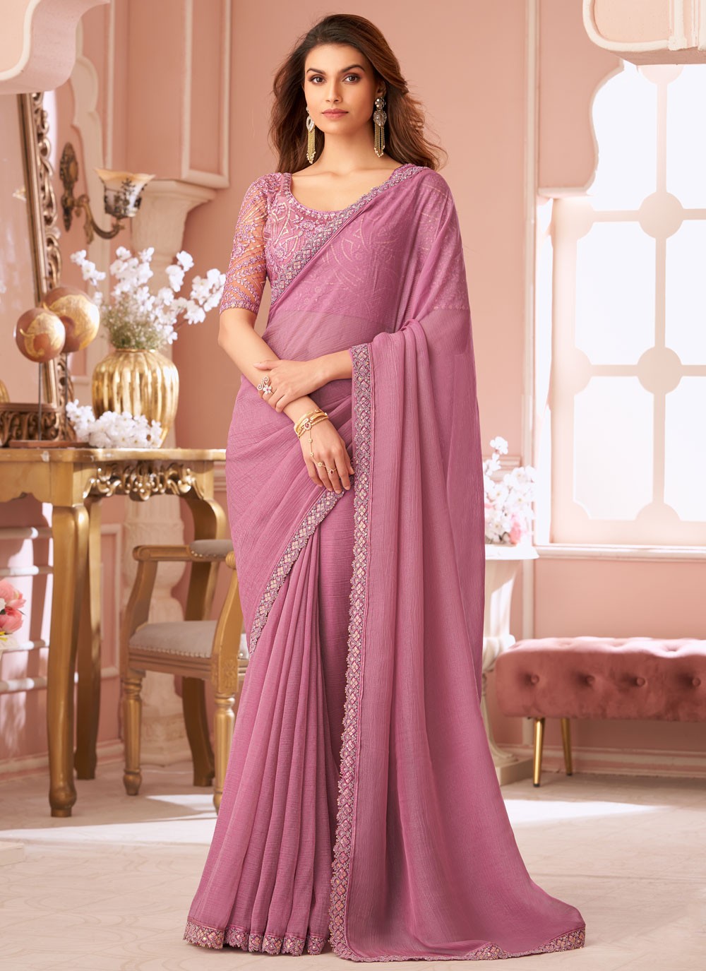 Lavender Georgette Classic Saree Border Work, Embroidered S19120