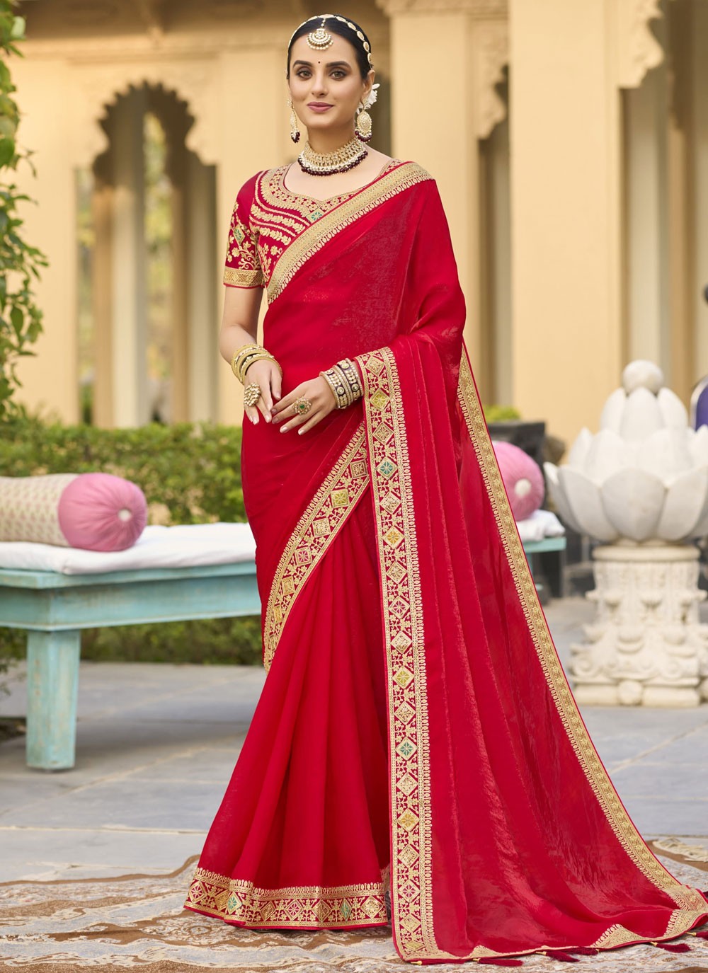 Border Work Georgette Red Classic Saree S15355
