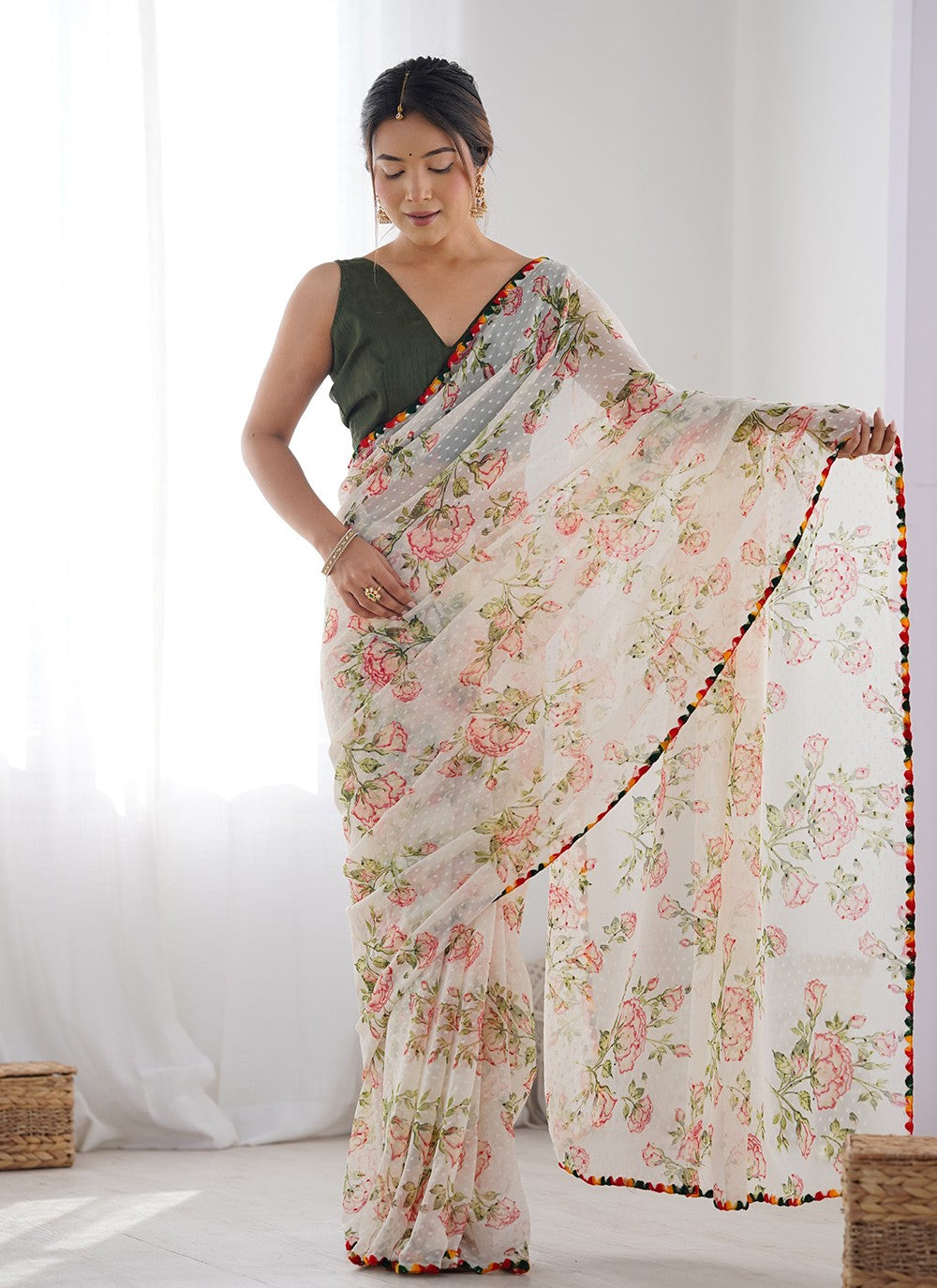 Contemporary Printed Off White Georgette S12461