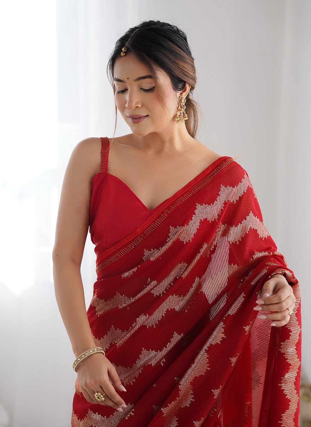 Contemporary Embroidered Red Georgette Saree S12401
