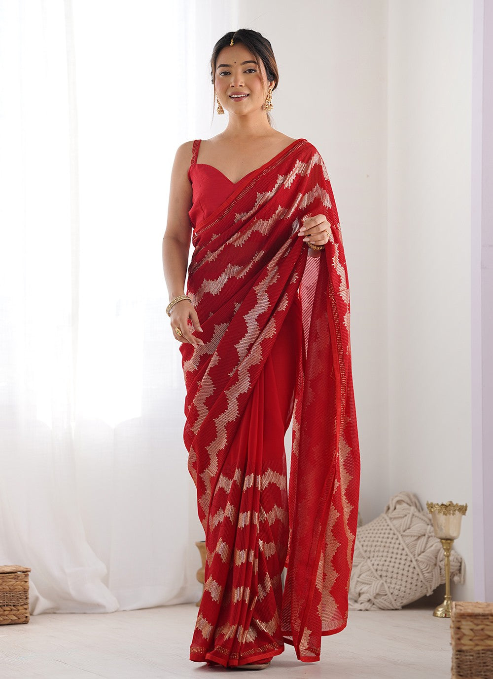 Contemporary Embroidered Red Georgette S12401