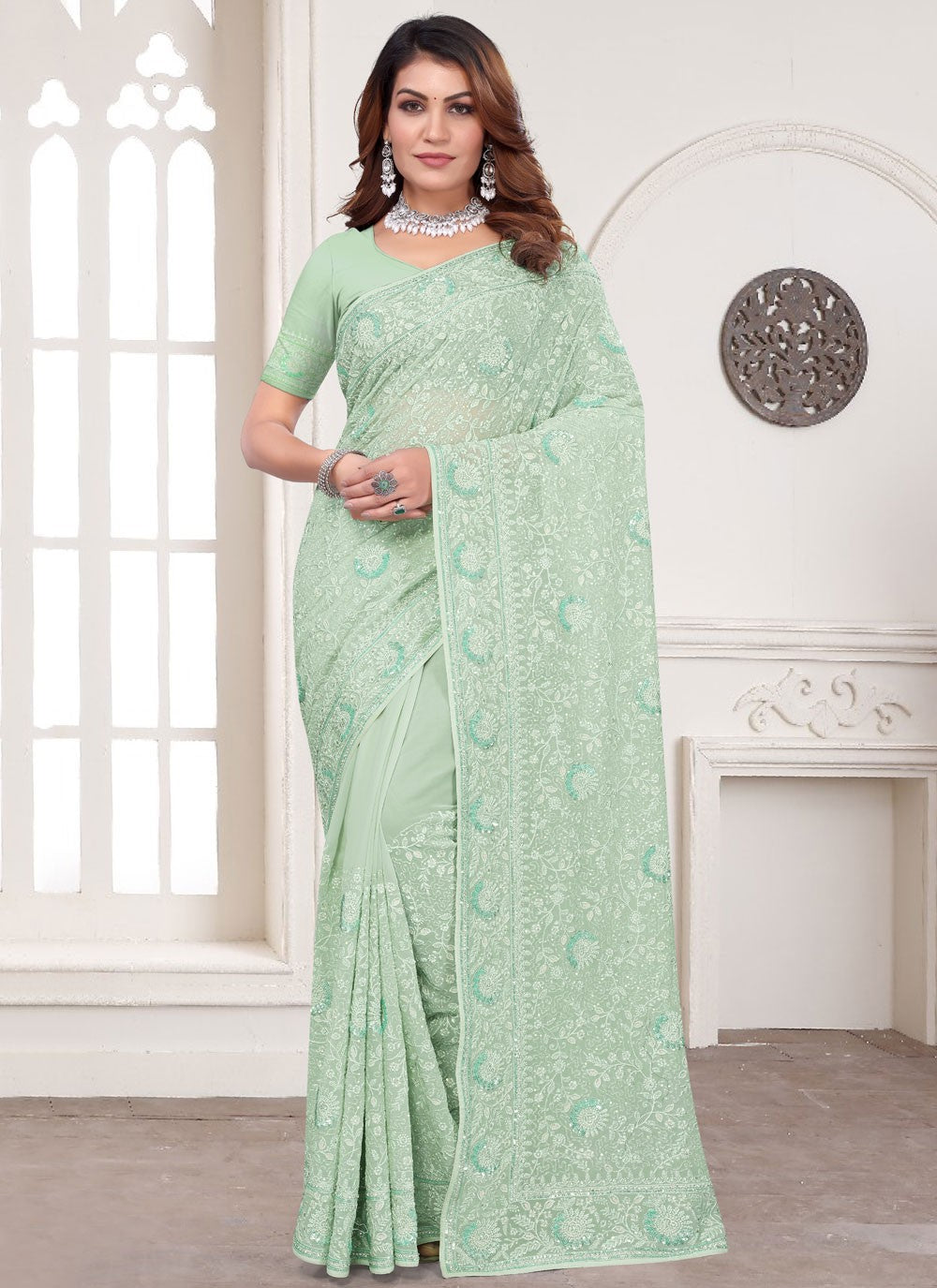 Embroidered Georgette Sea Green Contemporary Saree S14968
