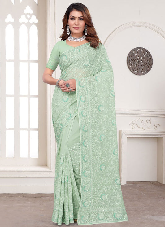 Embroidered Georgette Sea Green Contemporary Saree S14968