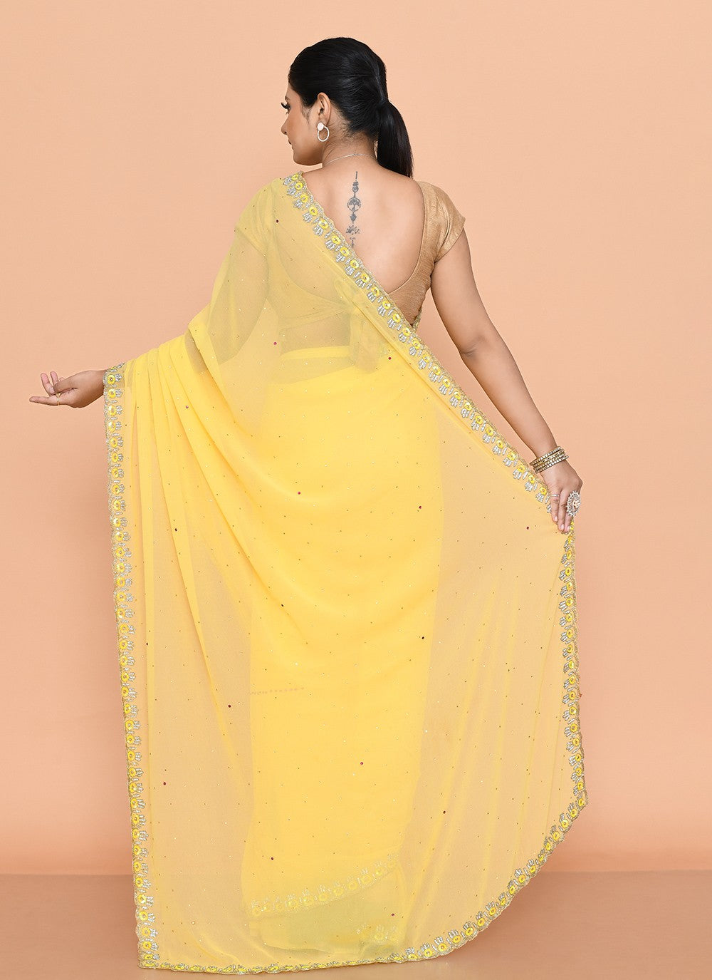 Contemporary Hand Embroidery Yellow Georgette Saree S13107