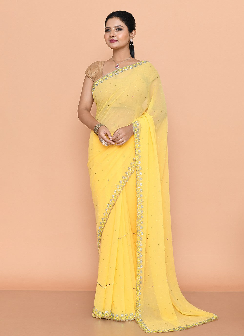 Contemporary Hand Embroidery Yellow Georgette Saree S13107