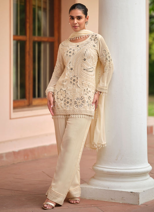 Pant Style Suit Embroidered Cream T8929