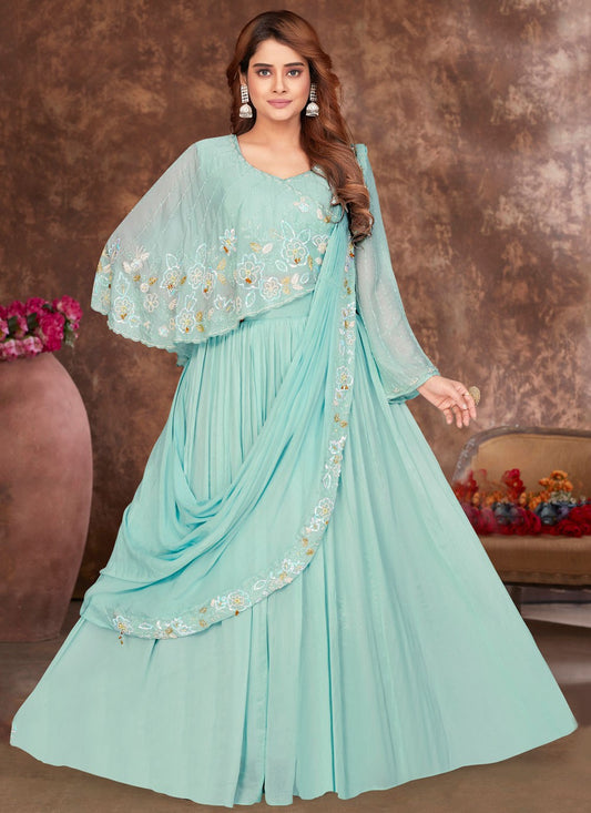 Digital Print Georgette Aqua Blue Lehenga Choli L3489