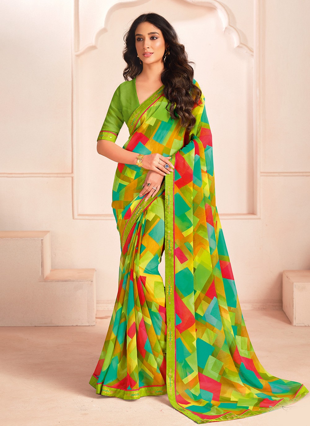 Digital Print Georgette Green Classic Saree S15282