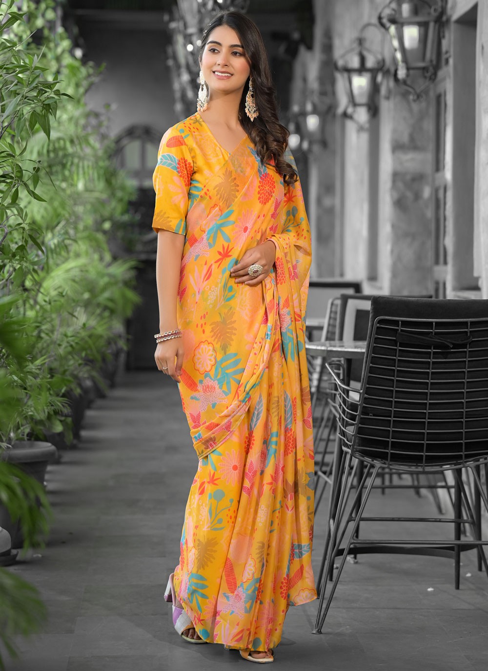 Digital Print Georgette Yellow Saree S14546