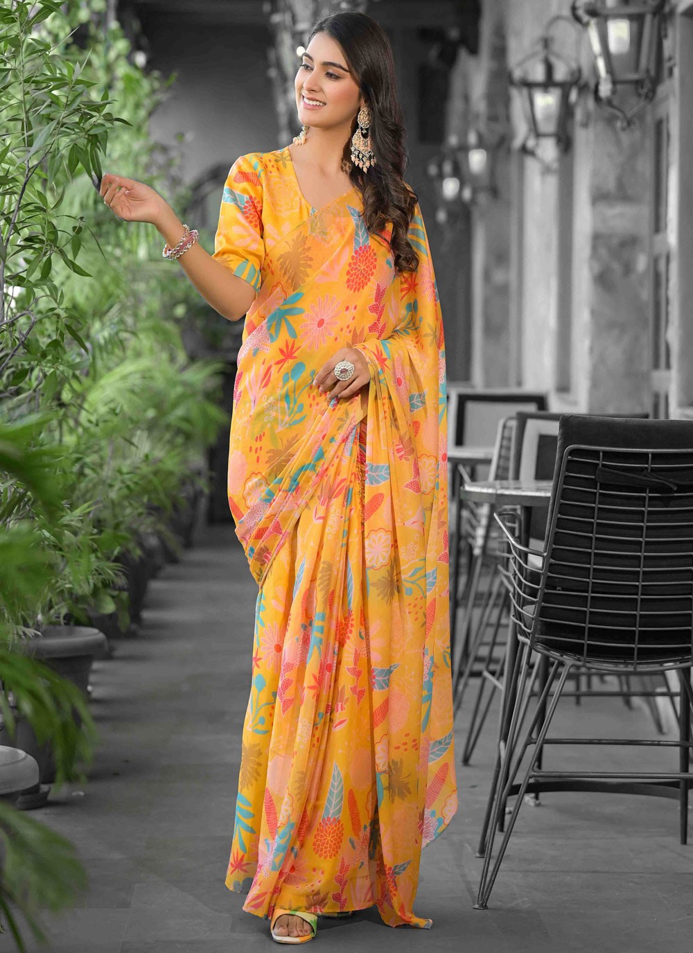 Digital Print Georgette Yellow Saree S14546
