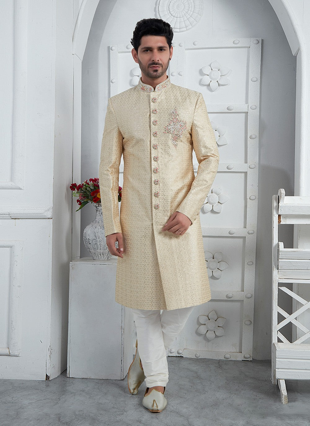 Embroidered Georgette Beige Sherwani - M7456