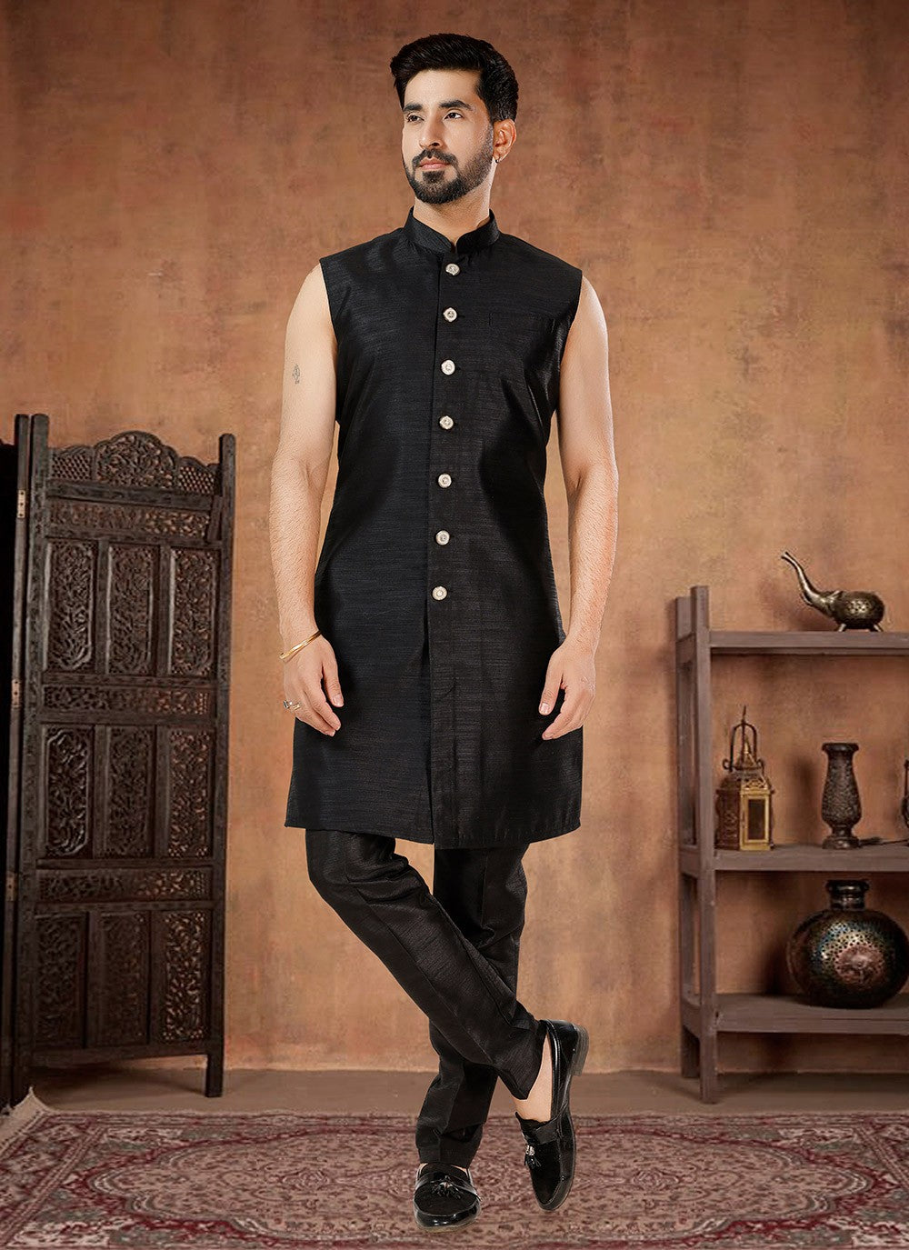 Embroidered Georgette, Silk Black Indo Western - M7024
