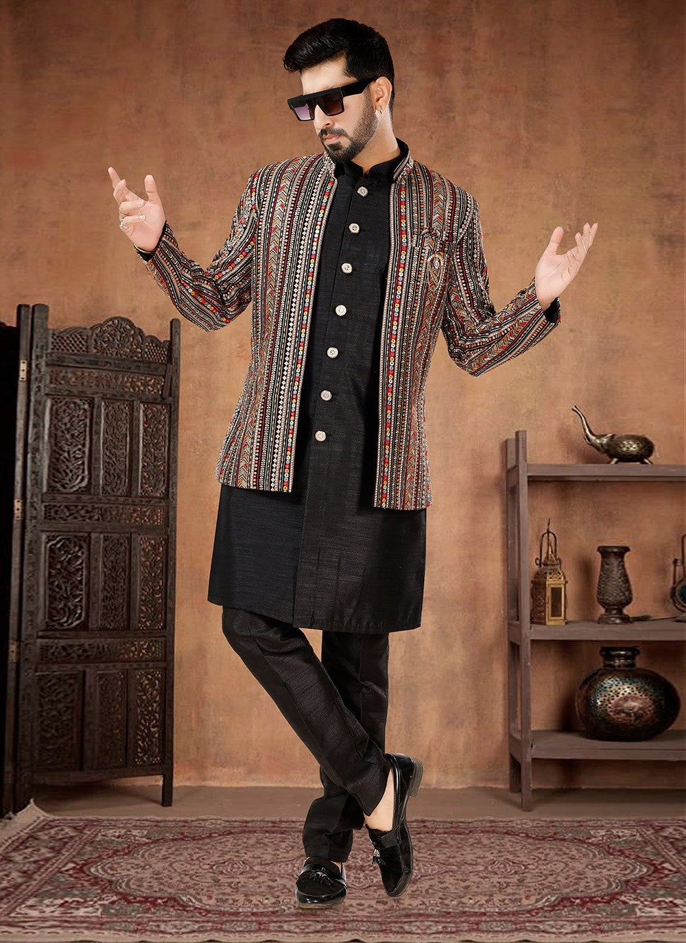 Embroidered Georgette, Silk Black Indo Western - M7024
