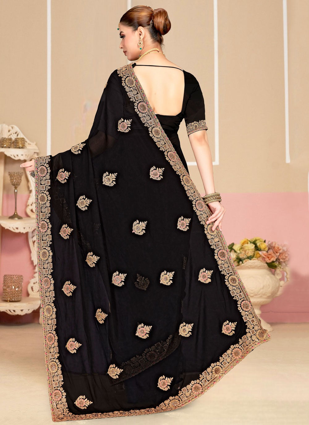 Black Georgette Classic Saree Cord, Embroidered S19982