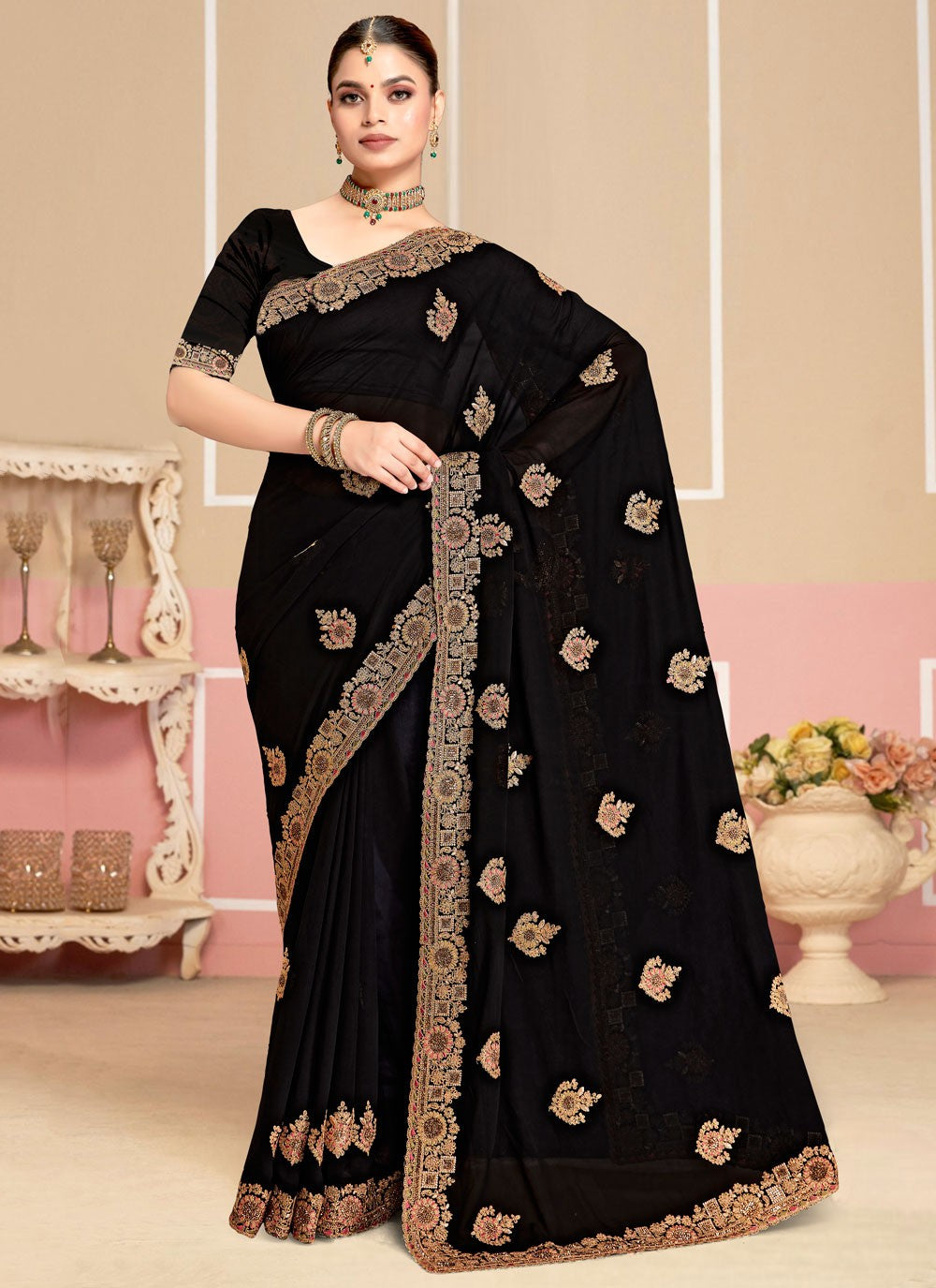 Black Georgette Classic Saree Cord, Embroidered S19982