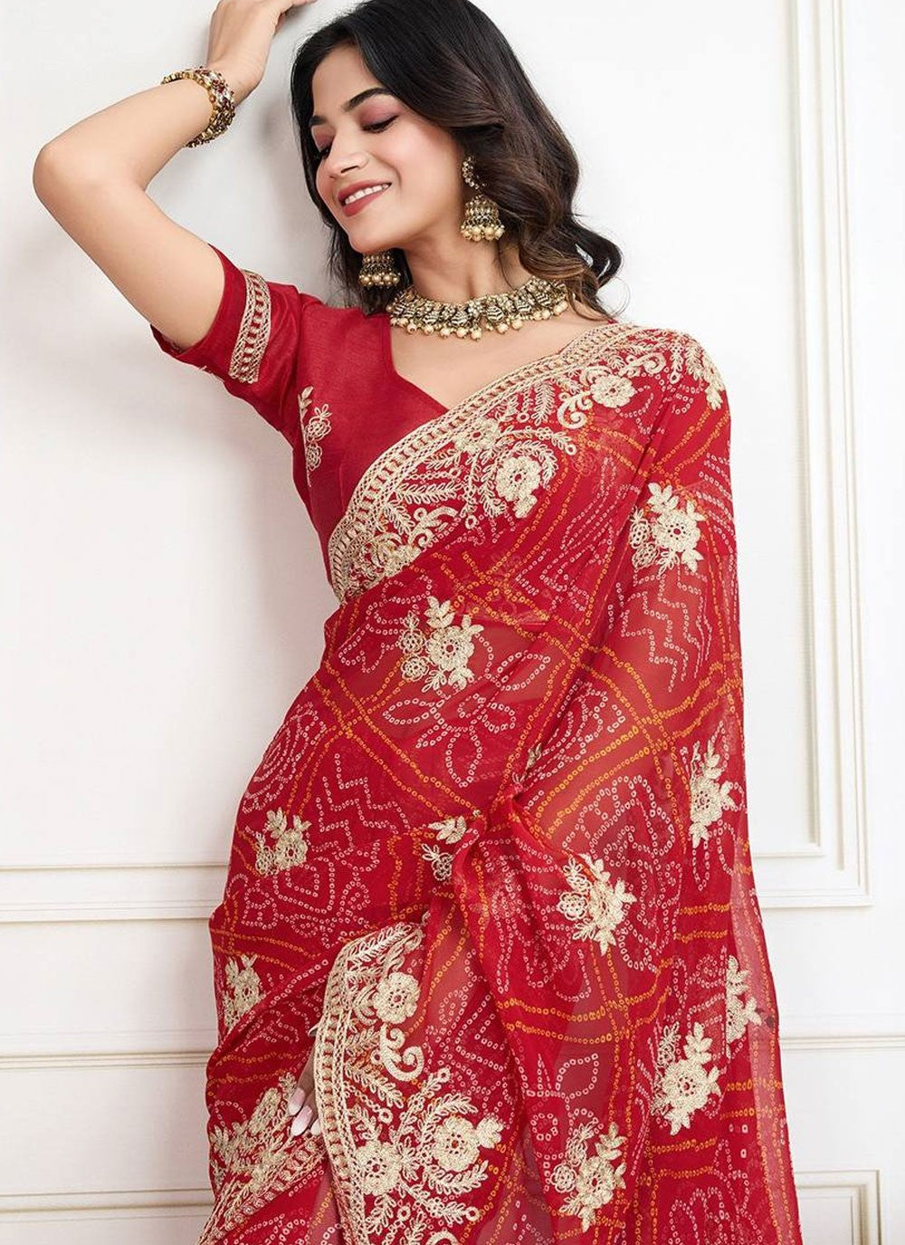 Bandhej Georgette Red Saree S13919