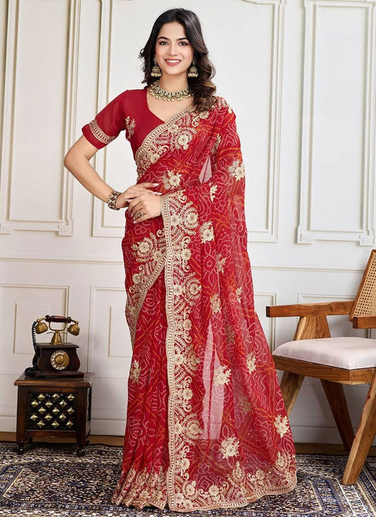 Bandhej Georgette Red Saree S14155