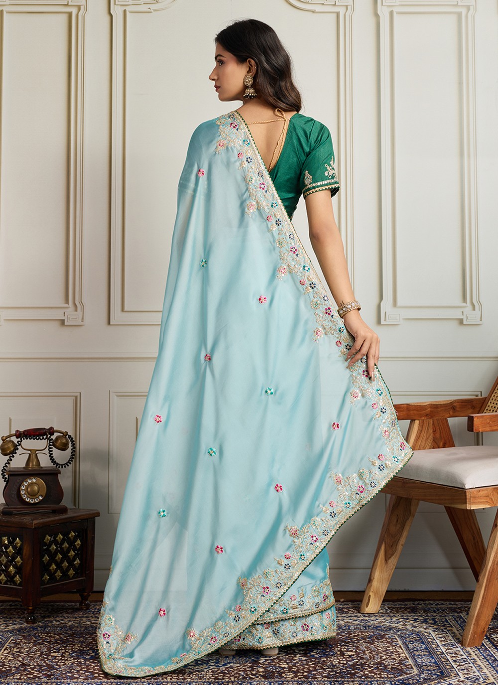 Sea Green Georgette Classic Saree Embroidered S19116