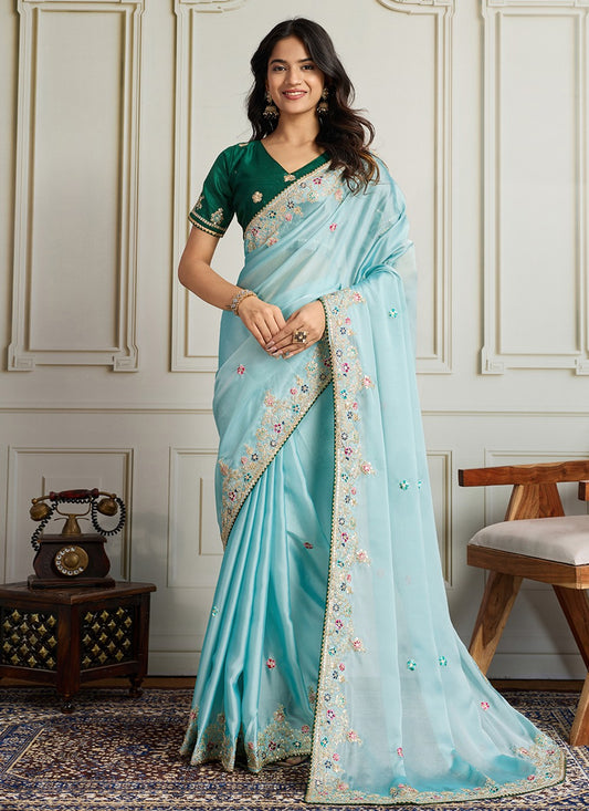 Sea Green Georgette Classic Saree Embroidered S19116