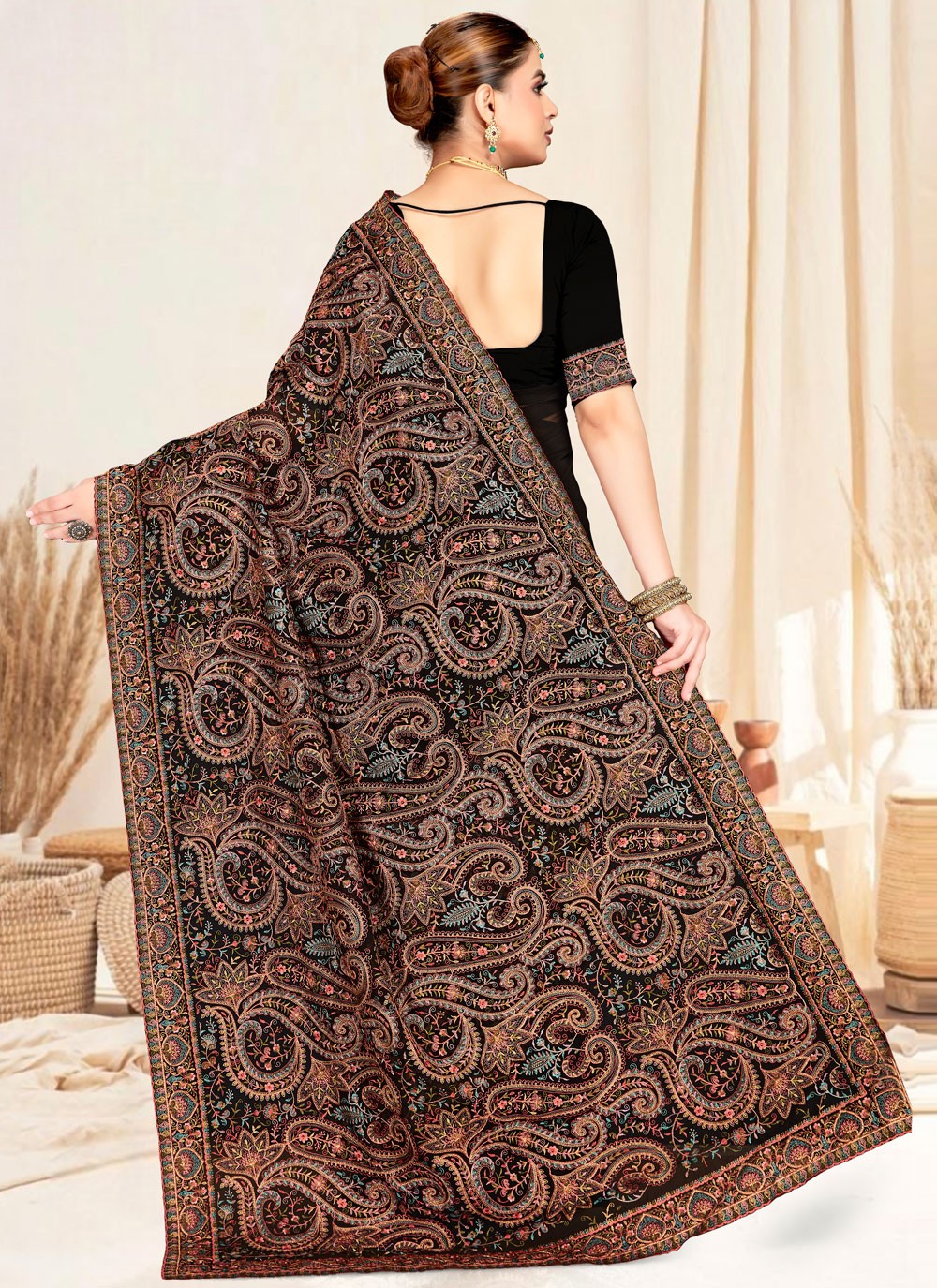 Black Georgette Contemporary Saree Embroidered, Resham S19835