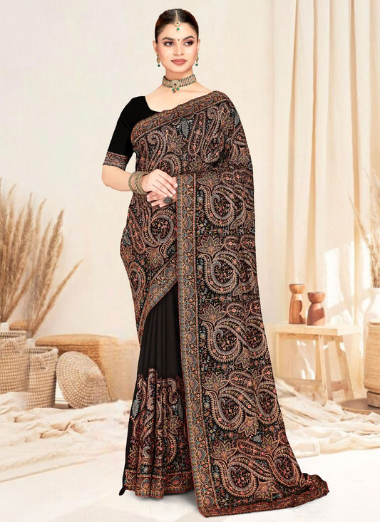 Black Georgette Contemporary Saree Embroidered, Resham S19835