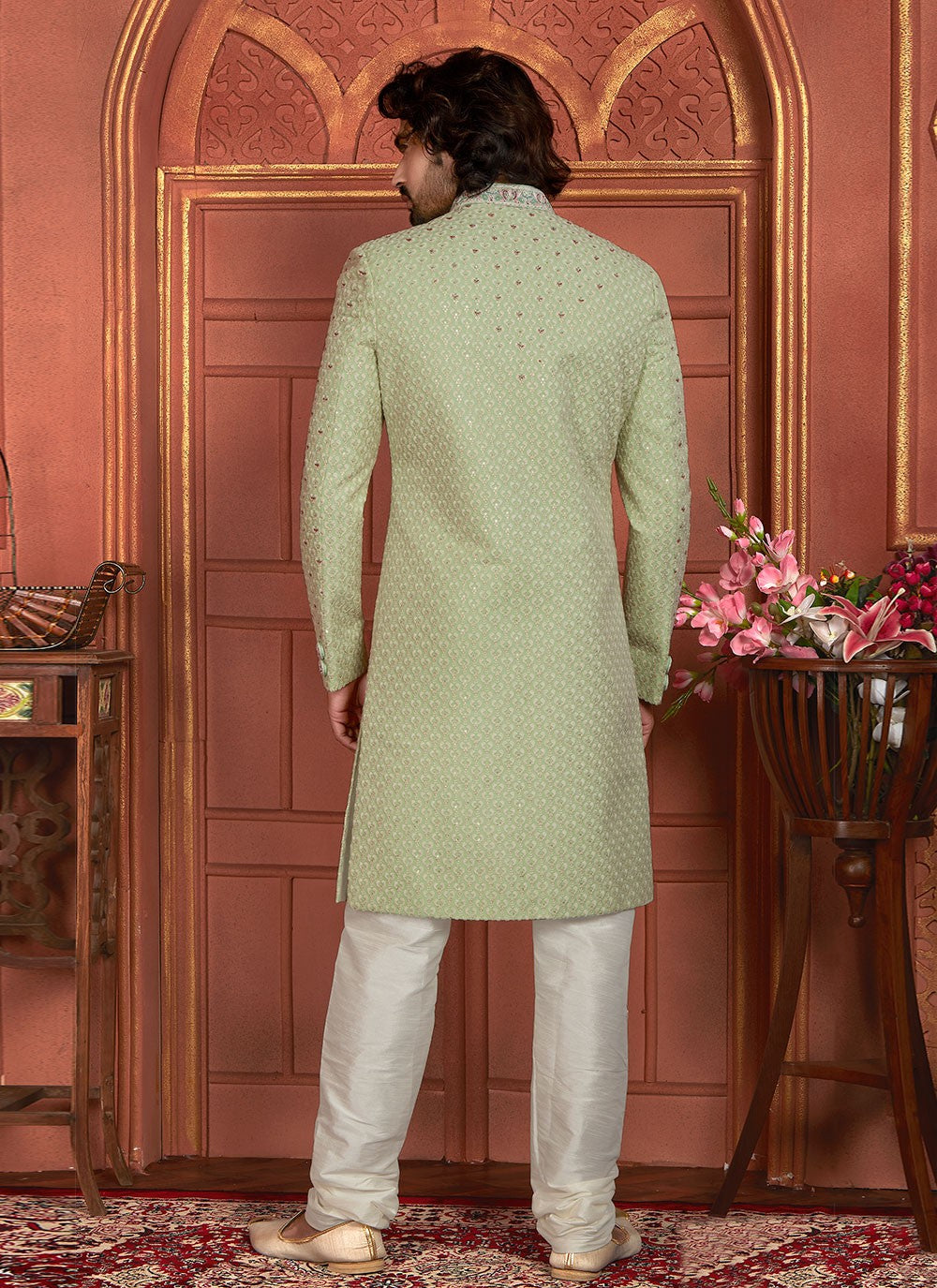 Embroidered Georgette Green Sherwani - M8276